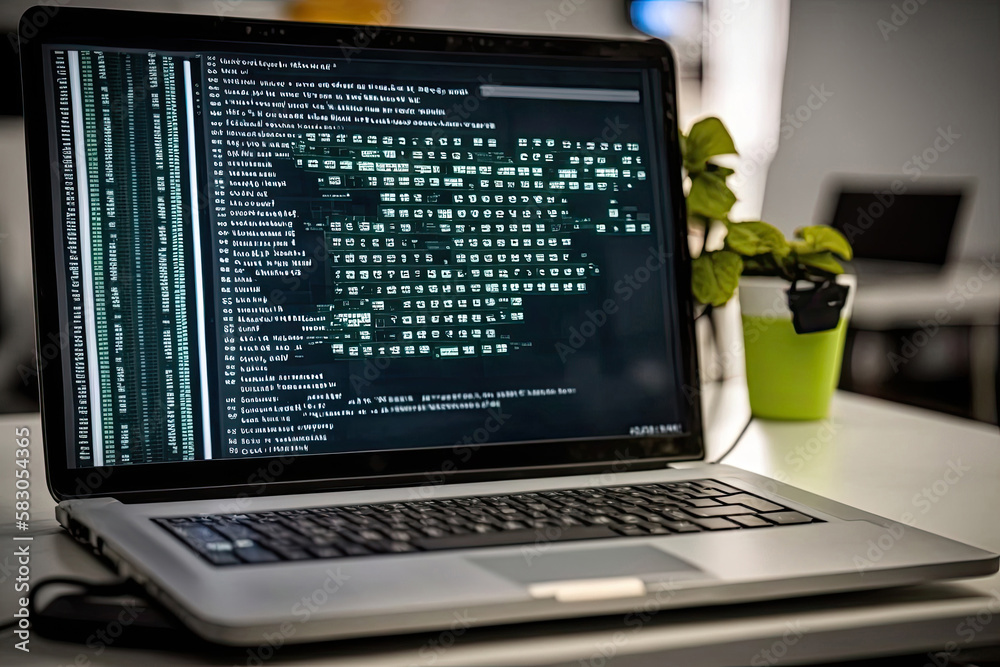 AI generated hacker laptop with binary computer code internet and network security AI generated hacker laptop with binary computer code internet and network security