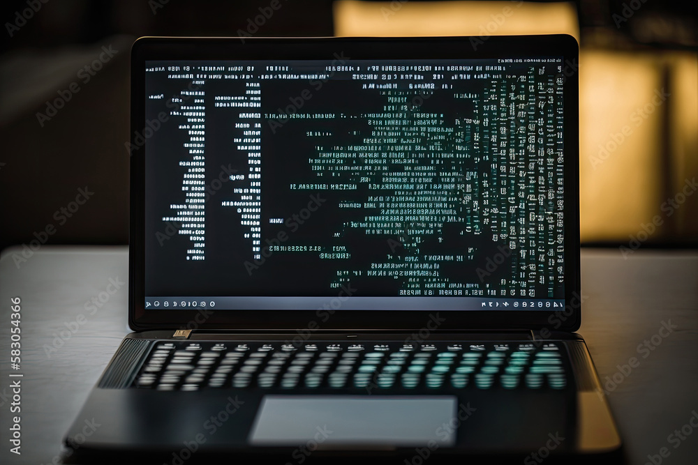 AI generated hacker laptop with binary computer code internet and network security AI generated hacker laptop with binary computer code internet and network security