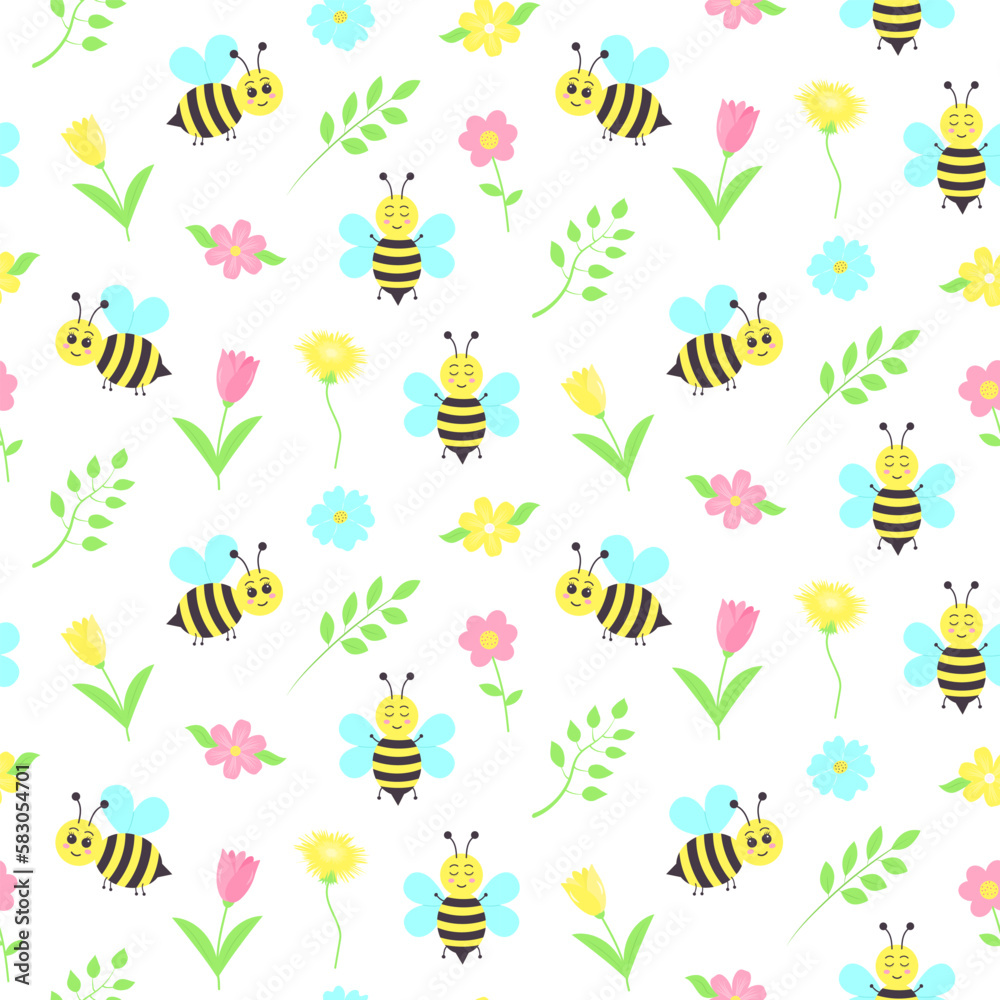 Seamless pattern with cute cartoon bees, tulips, dandelions, flowers and twigs. Cute hand drawn floral pattern. Seamless pattern with cute cartoon bees, tulips, dandelions, flowers and twigs. Cute hand drawn floral pattern.