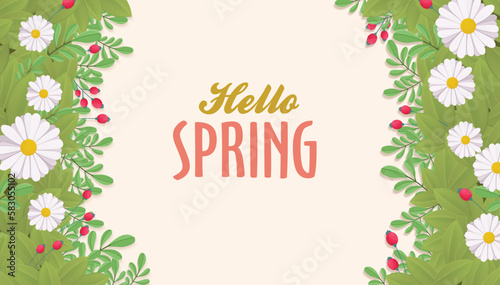 Vintage hello spring greeting banner design template.