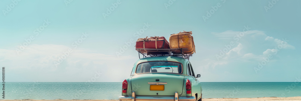 Old vintage car loaded with luggage on the roof arriving on beach with ...