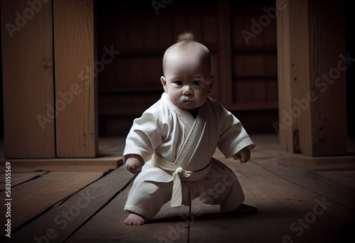 baby in a white kimono in a fighting position in a wooden dojo. Generate Ai photo