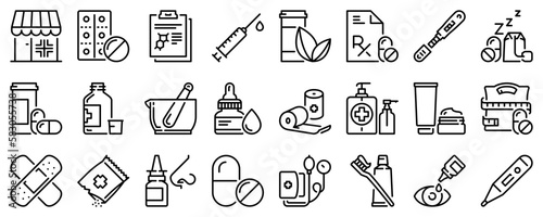 Line icons about pharmacy on transparent background with editable stroke.