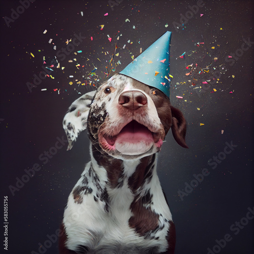 Cute dog with a party hat celebrating her birthday, confetti falling. Generate Ai