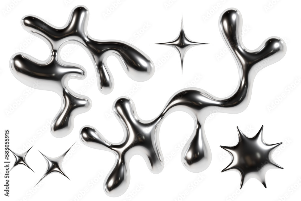 3d chrome metal organic fluid shapes and stars. Abstract liquid mercury metallic icon. 3d rendering aluminum gradient shape design element. Brutalist futuristic style - obrazy, fototapety, plakaty 