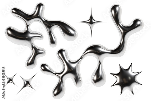 3d chrome metal organic fluid shapes and stars. Abstract liquid mercury metallic icon. 3d rendering aluminum gradient shape design . Brutalist futuristic style