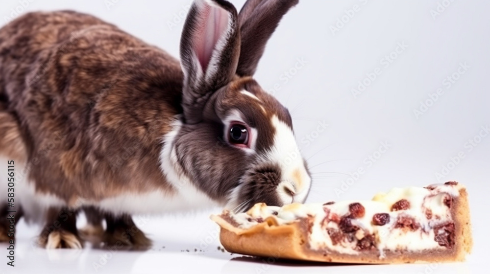 Rabbit eating chocolate pizza white background Generative AI Stock Illustration Adobe Stock