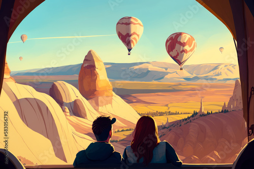A couple enjoying a hot air balloon ride over the stunning landscape of Cappadocia  Turkey  illustration - Generative AI