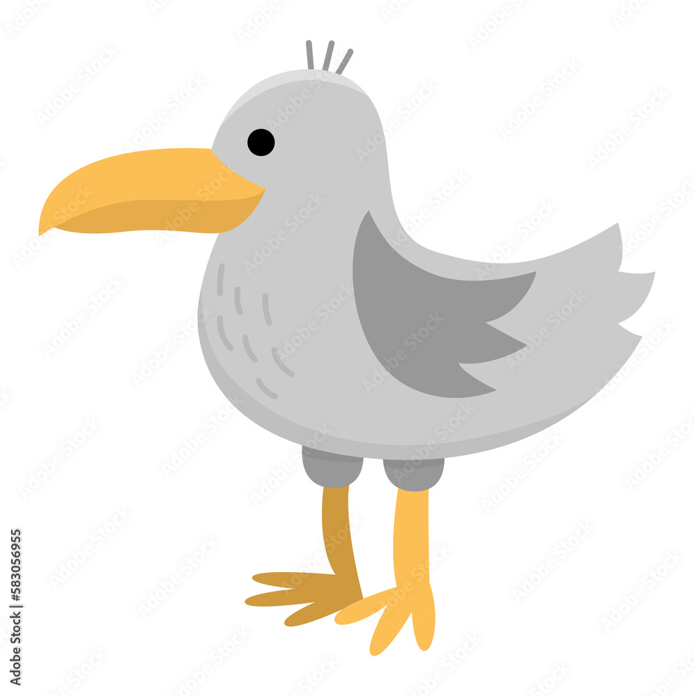 Vector seagull icon. Under the sea illustration with cute funny ocean animal. Cartoon underwater or marine bird clipart for children isolated on white background Vector seagull icon. Under the sea illustration with cute funny ocean animal. Cartoon underwater or marine bird clipart for children isolated on white background