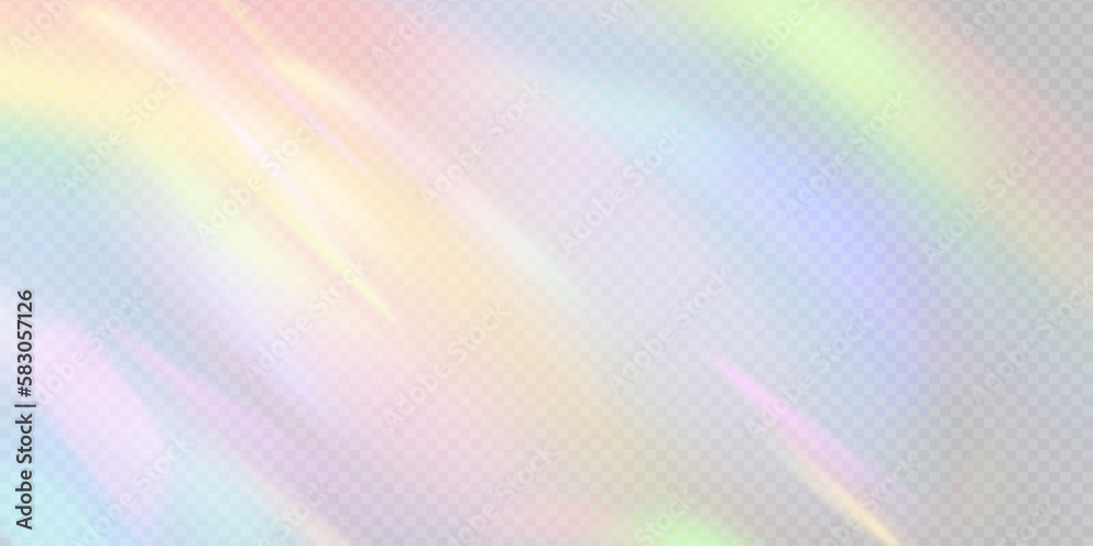 Rainbow light prism effect, transparent background. Hologram reflection, crystal flare leak shadow overlay. Vector illustration of abstract blurred iridescent light backdrop.