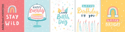 Cute Birthday cards with Letterings for your design - Happy Birthday  Stay wild and others. Hand drawn prints.