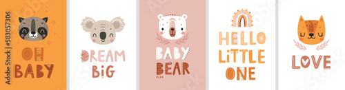 Cute Boho cards with Letterings for your design - Dream big, Love, Hello little one, Oh baby and others.