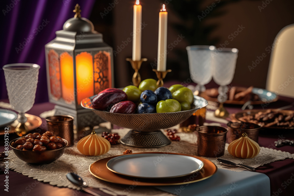 Close up variety of table with arabic food during iftar meal on ramadan AI generated