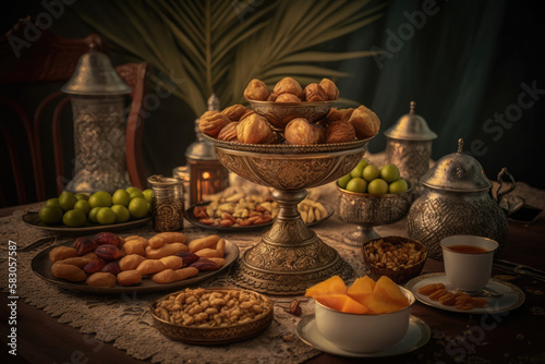 Close up variety of table with arabic food during iftar meal on ramadan AI generated