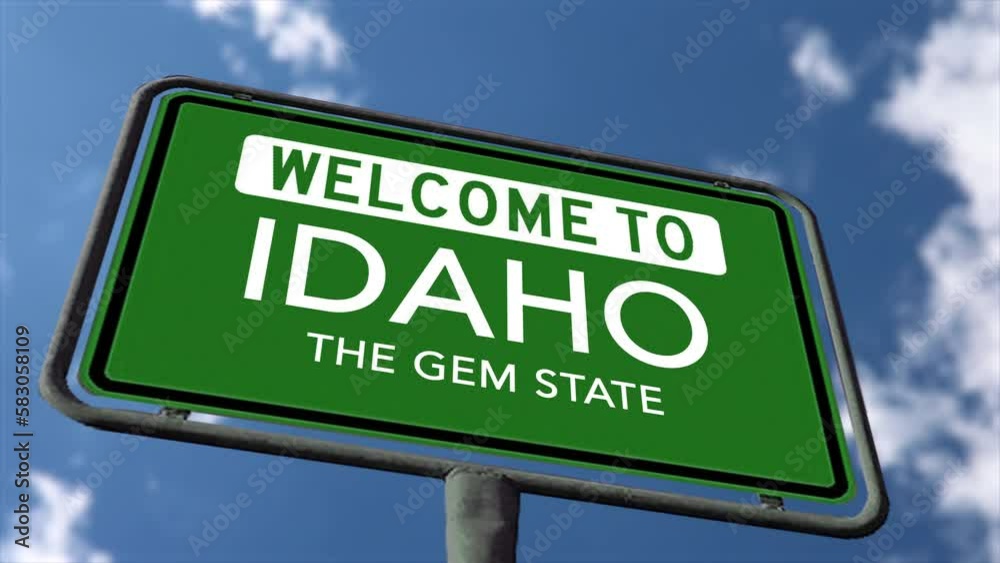 Welcome to Idaho, The Gem State Road Sign, Close Up Realistic 3D Animation Welcome to Idaho, The Gem State Road Sign, Close Up Realistic 3D Animation
