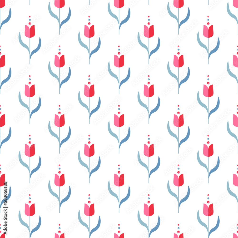 Small red tulip and blue leaves motifs vector flower print design on white background. Cute floral seamless pattern. Small red tulip and blue leaves motifs vector flower print design on white background. Cute floral seamless pattern.