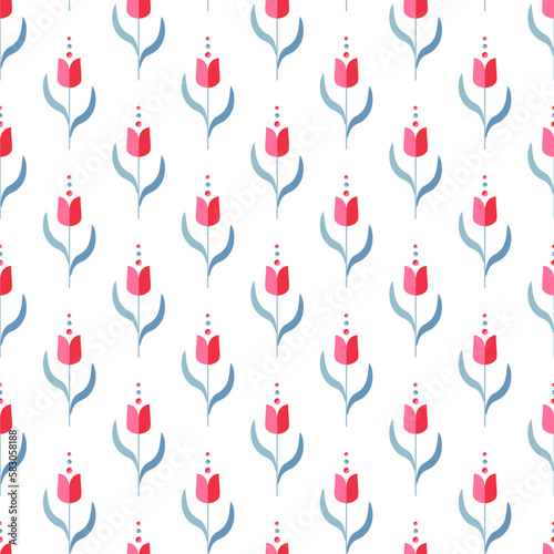 Cute floral seamless pattern. Small red tulip and blue leaves motifs vector print design on white background