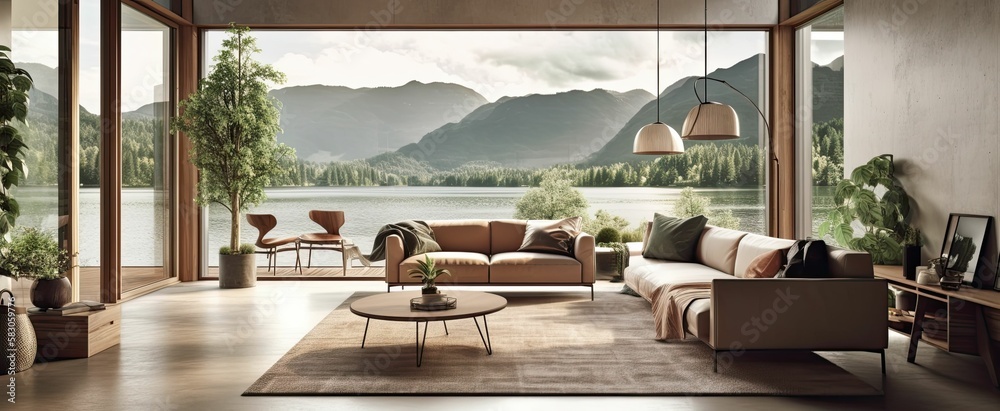 Fototapeta premium a modern living room interior with a lakeside and mountain view
