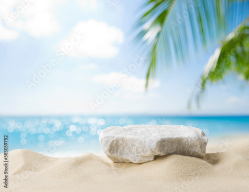 Fototapeta Naklejka Na Ścianę i Meble -  Summer sand and tropical sea background with abstract stone podium