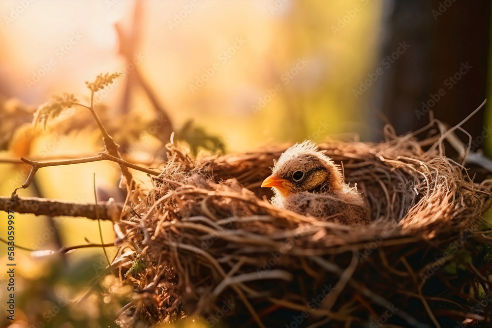 The chick hatched from an egg nest in the woods in the spring on a sunny day. The concept of the emergence of a new life of the first steps and new beginnings and also care for nature. Generative AI