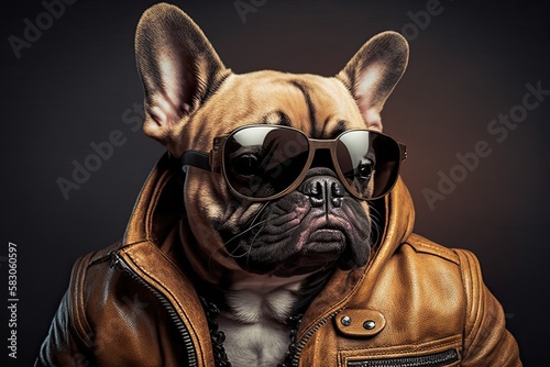 Portrait of a French Bulldog in a Leather Jacket and Sunglasses (Generative AI)