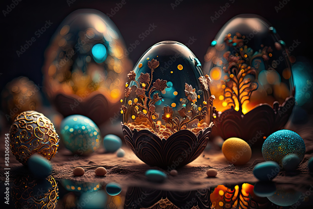 fantasy amazing Easter painted egg in glass egg on blue background. Happy  Easter magical,generative ai. Stock Illustration