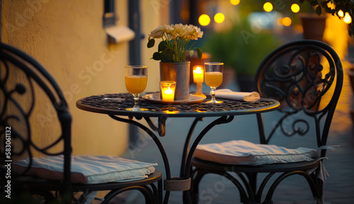 A small bistro table set for a romantic dinner on the patio - Generative AI