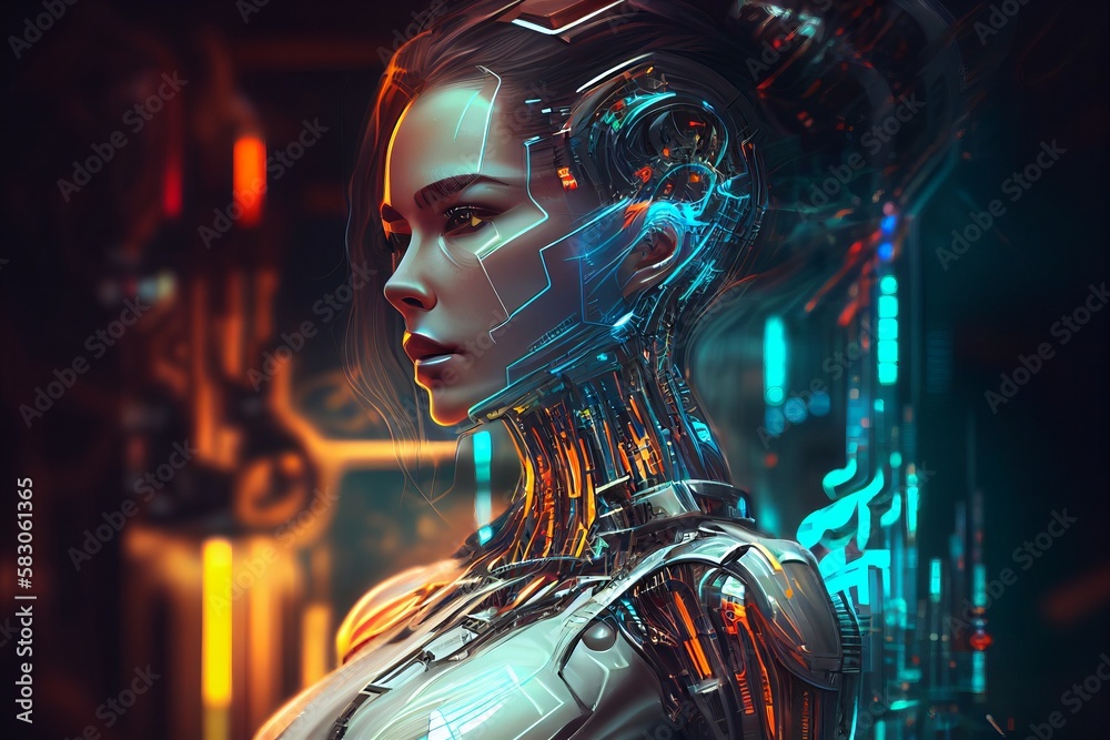 Portrait of futuristic humanlike cyborg woman. Generative AI.