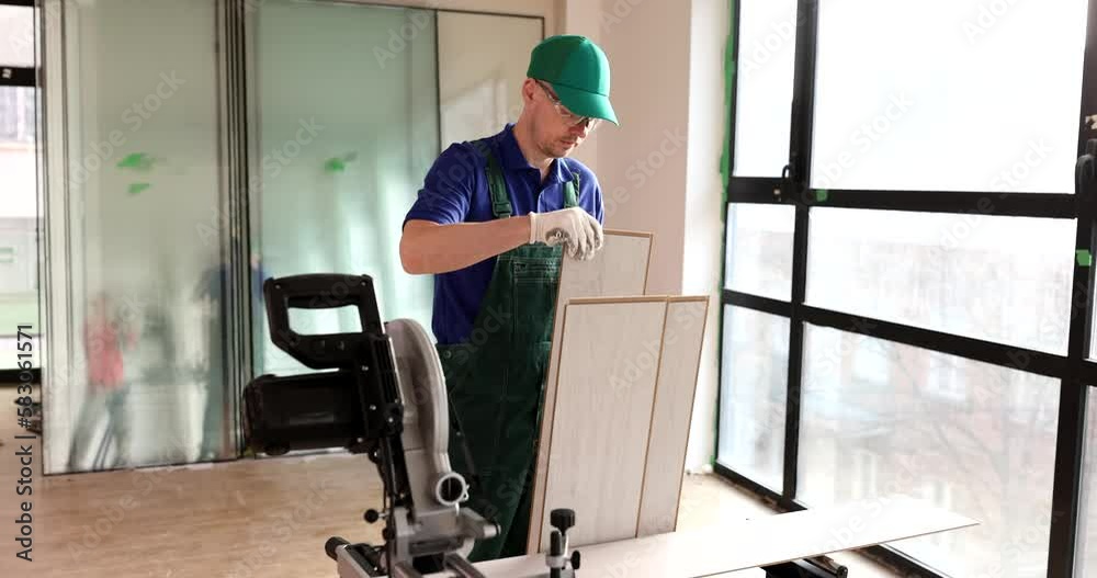 The repairman in the uniform prepares a laminate, close-up The repairman in the uniform prepares a laminate, close-up