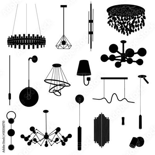Big collection with chandeliers and lamps in black color isolated on white background. Chandeliers, illuminator, flashlight - elements of a modern interior concept. Vector