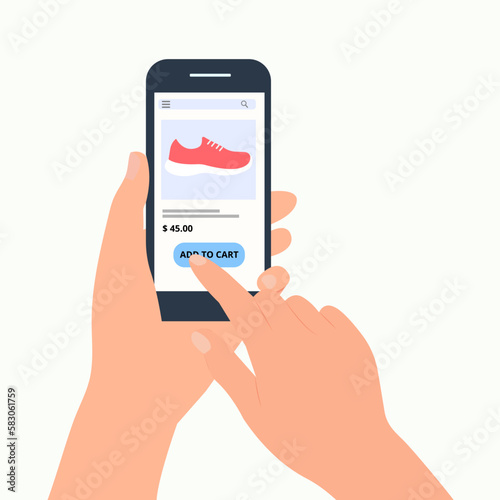 Hand holding phone and finger touches screen. Shopping by phone and connected card.Shopping online, delivery. Vector illustration
