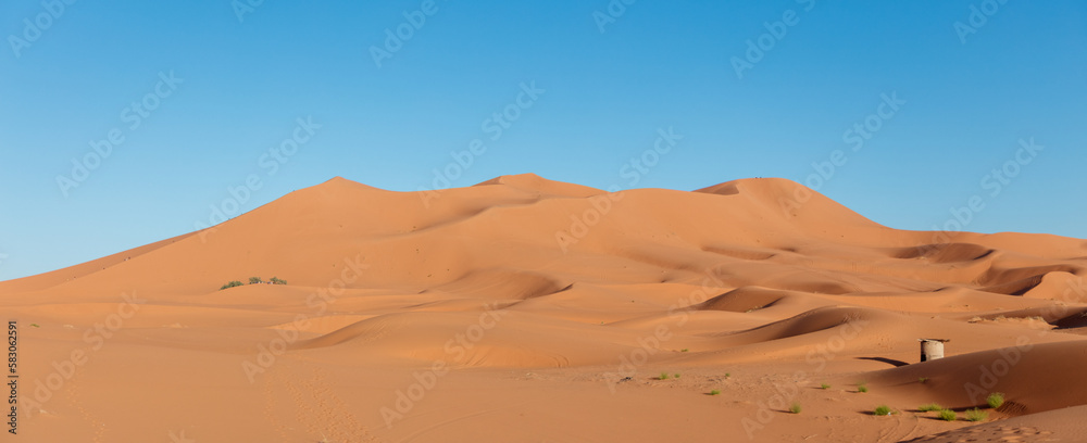 landscape of golden sand dune with blue sky- Sahara desert,  Morocco