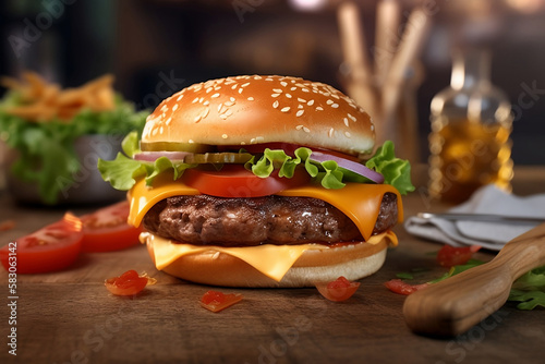 tasty cheeseburger with tomato cheese and bacon on the wood table