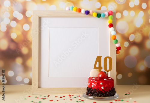 The number Forty on the yellow cake next to the white frame mockup with copy space