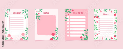 Set of pink to do list and note papers in hanad drown style. Template for agenda, schedule, planners, checklists, notebooks, cards and other stationery.