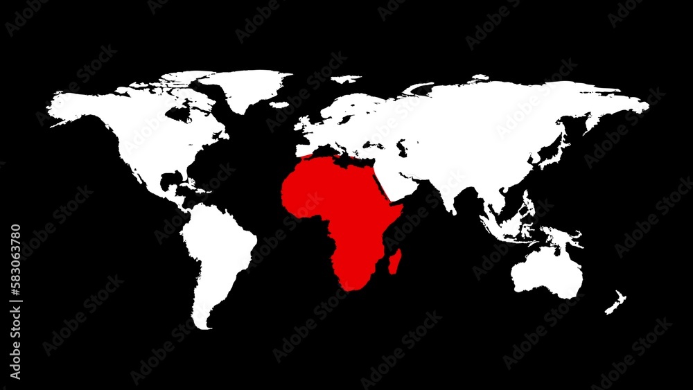 World map with red Africa. Whole world map on black background. Infographic design. Business or travel concept. Virus infection. 3D animation