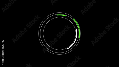 Scientific futuristic loading wheel. Download transfer in green-white effect. Rotating futuristic circles with a sphere ring on a black screen