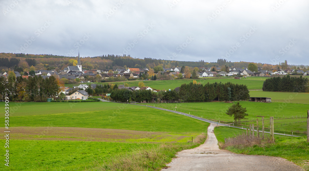 Historical Pilgrims trail with german countryside landscape In Lampertstal und Alendorfer Kalktriften