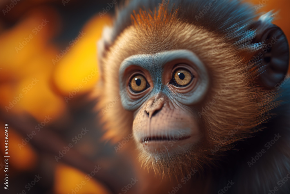 Wallpaper with cute baby monkey in the field. Illustration. Generate by ai
