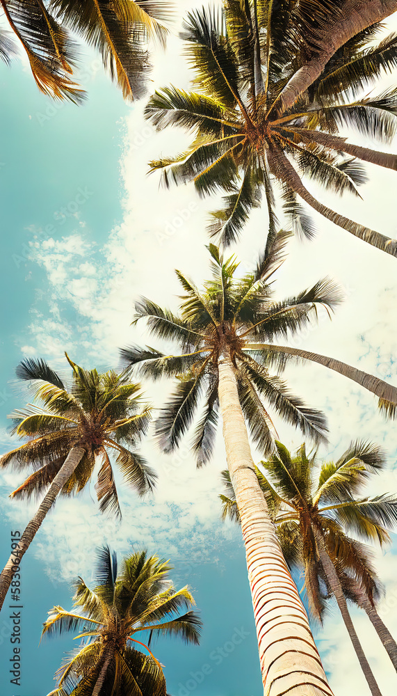 Palm trees seen from the ground on the beach. AI render.