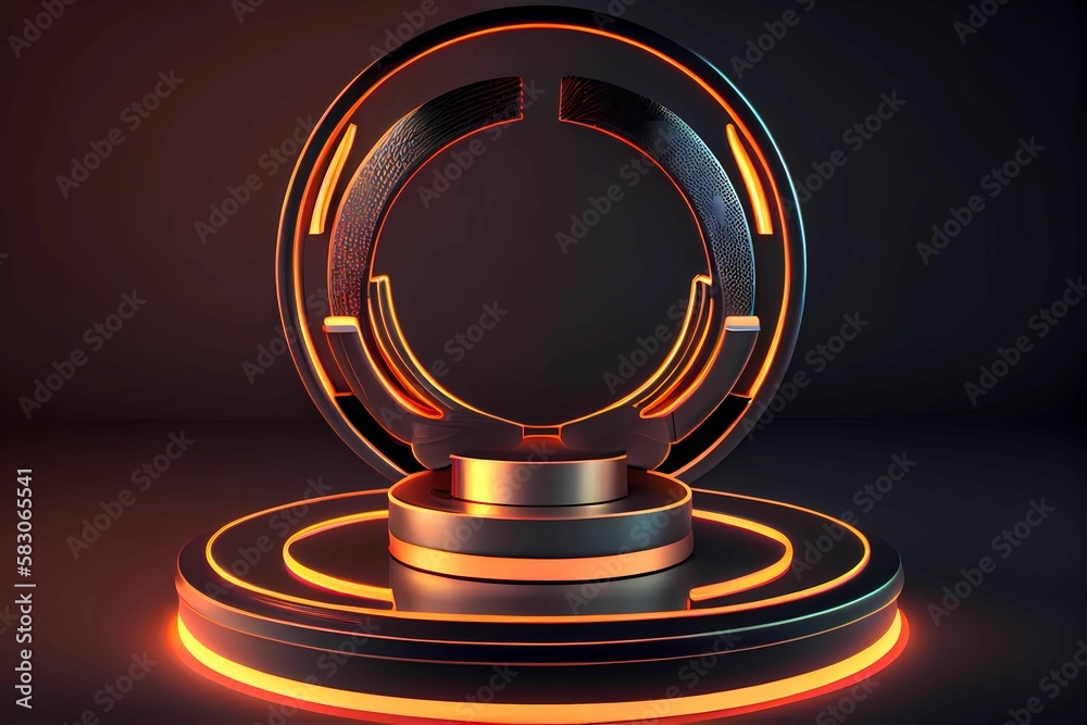Neon light product background or neom, shiny podium pedestal and product display platform. Black background. Generative AI Neon light product background or neom, shiny podium pedestal and product display platform. Black background. Generative AI