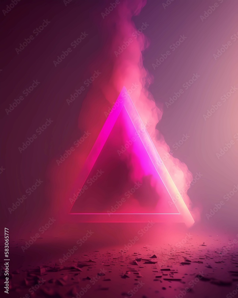 3D rendering of light pink triangle shape surrounded by pink mist in club, pink neon glow, glowing light. Generative AI
