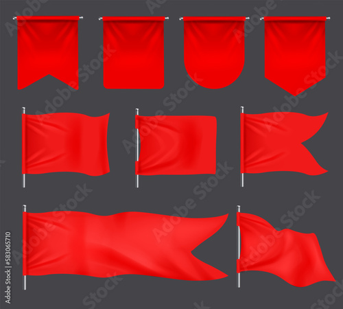 Realistic banner flags. 3D red blank textile signs and waving fabric for advertising. Royal flags, hanging pennant and silk banners