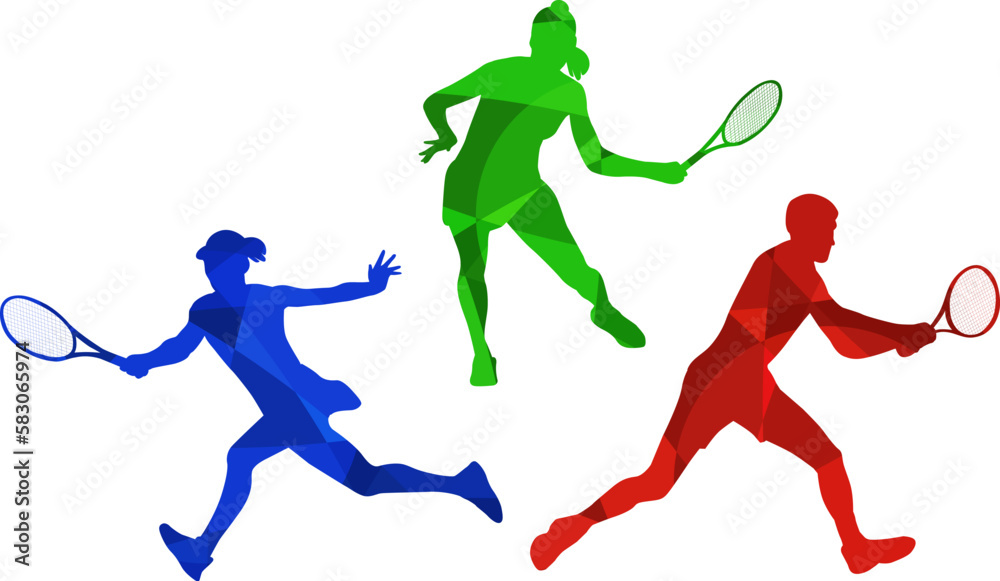 Set of silhouettes of tennis players on white background. Isolated vector colored images. Abstract blue, green and red vector image of sportsmen.	