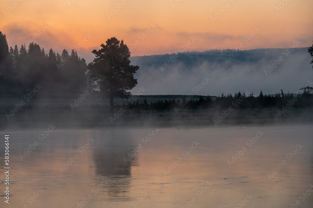 Pink Morning Light Above Foggy Yellowstone River
