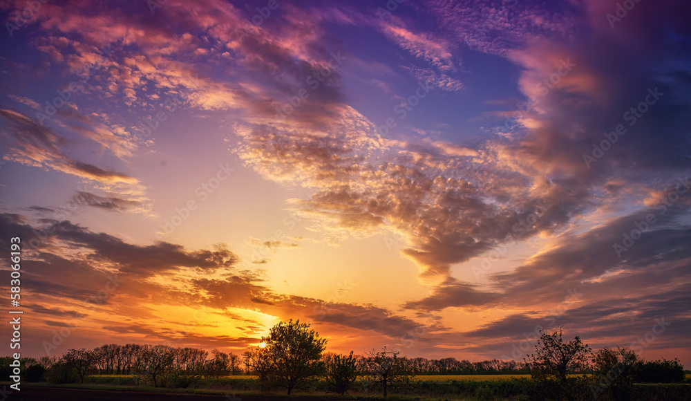 A beautiful sunset with clouds and a field in the foreground