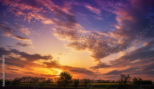 A beautiful sunset with clouds and a field in the foreground © pobaralia