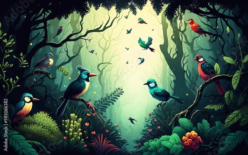 Lush Forest with Flying Birds