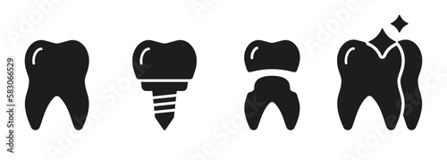 Tooth Care, Veneer Restoration Solid Pictogram Set. Denture Technology. Dental Implantation Treatment. Dentistry Glyph Symbol. Dental Implant Silhouette Icon. Isolated Vector Illustration