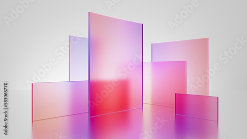 3d render, abstract geometric background, translucent glass with pink red violet gradient, simple square shapes © wacomka